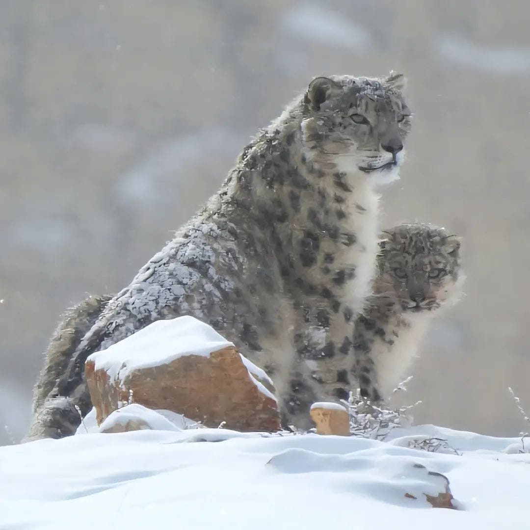 A Snow Leopard mother and cub resting in the snow of Spiti Valley.